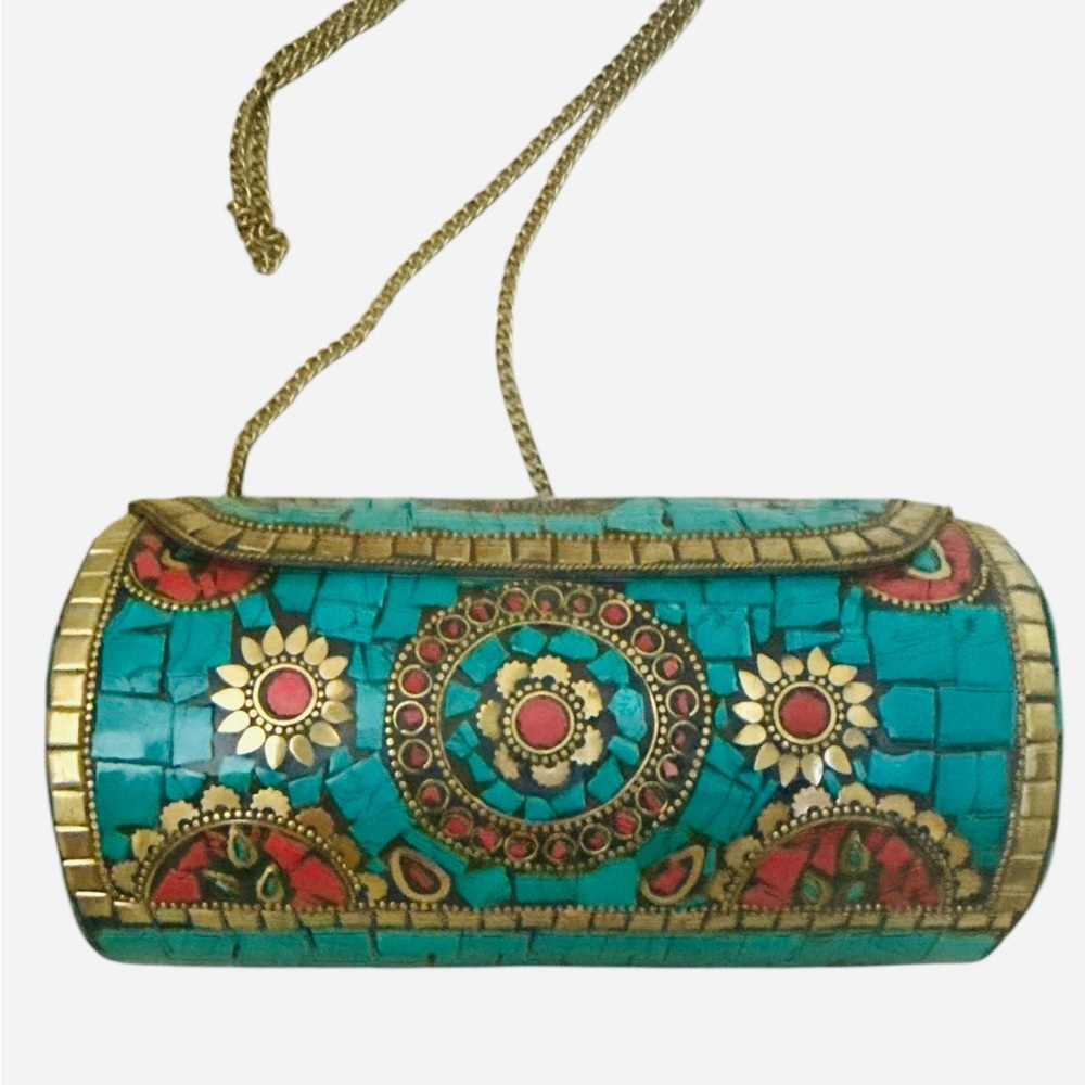 Antik Kraft Turquoise Mosaic Cylinder Clutch Boho Statement Bag Purse Gold Chain - Picture 3 of 5